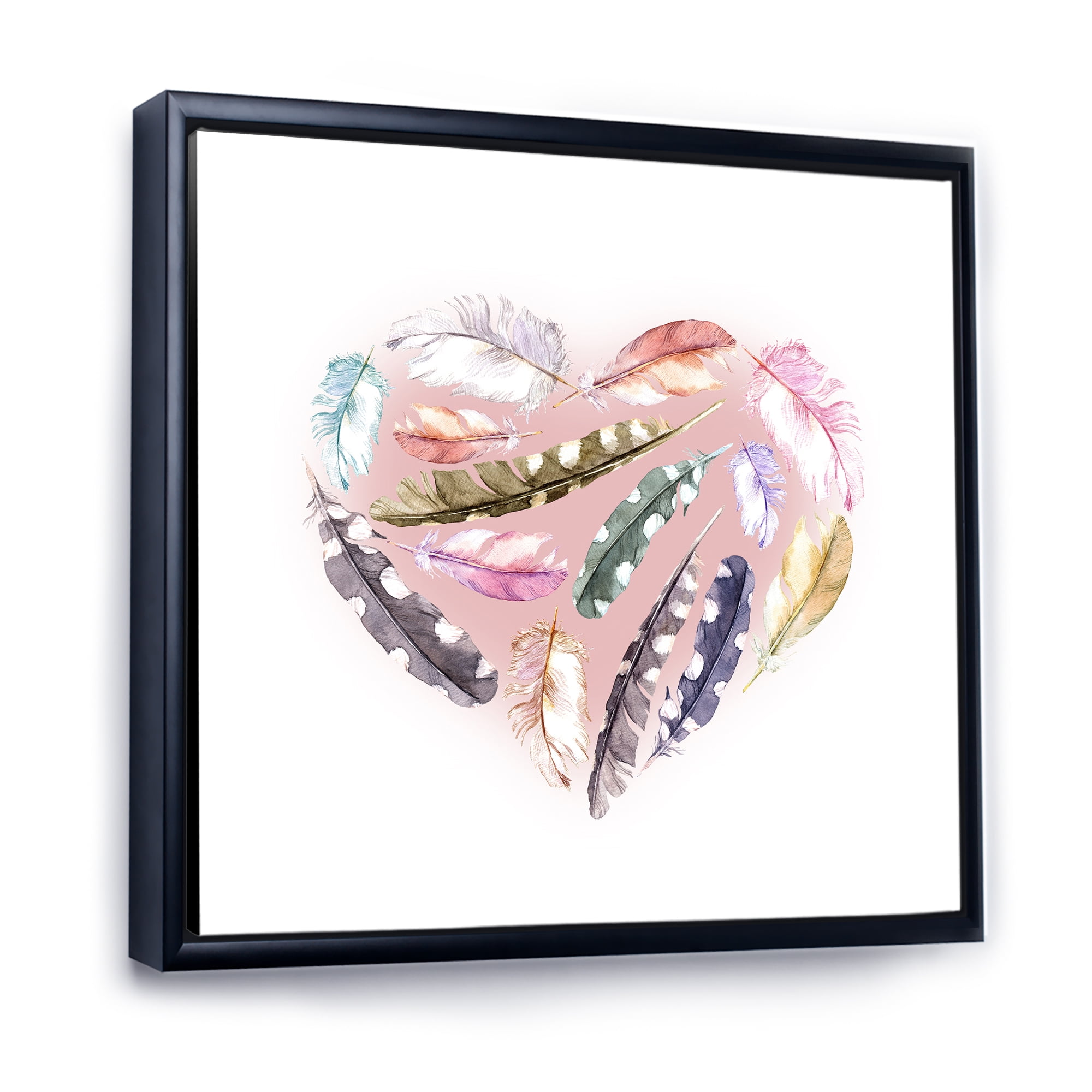 Designart 'Ethnic Feather In Heart Shape' Bohemian & Eclectic Framed Canvas Wall Art Print