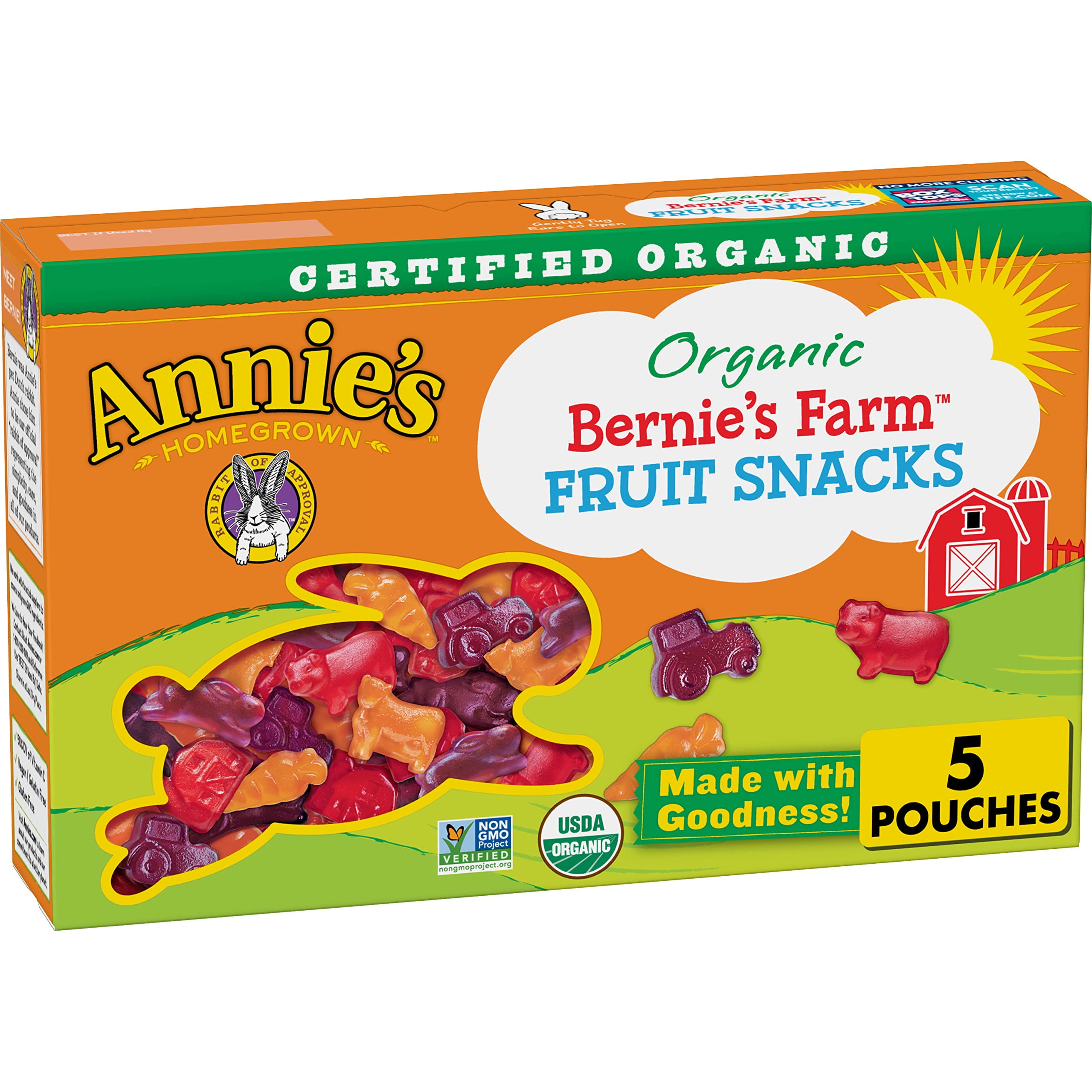 Annie's Organic Bernie's Farm Fruit Snacks, Gluten Free, 5 Pouches, 4