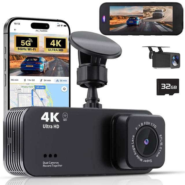 Dash Camera for Cars, 4K Full HD Dual Dash Cam Front and Rear with Wi-Fi, Included 32GB Card, 3.16â IPS Screen, Night Vision, 170°Wide Angle, WDR, 24H Parking Mode