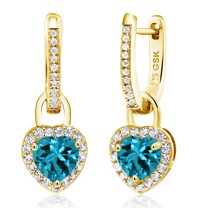 Gem Stone King 18K Yellow Gold Plated Silver London Blue Topaz and White Created Sapphire Dangle Earrings for Women (2.40 Cttw, Gemstone November Birthstone, Heart Shape 6MM)