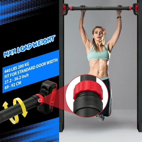 Garvee Pull Up Bar for Doorway Adjustable No Screws Chin Up Bar 440 LBS Max Load with Level Meter and Anti-Slip Design for Home Gym Strength Training Black and Red