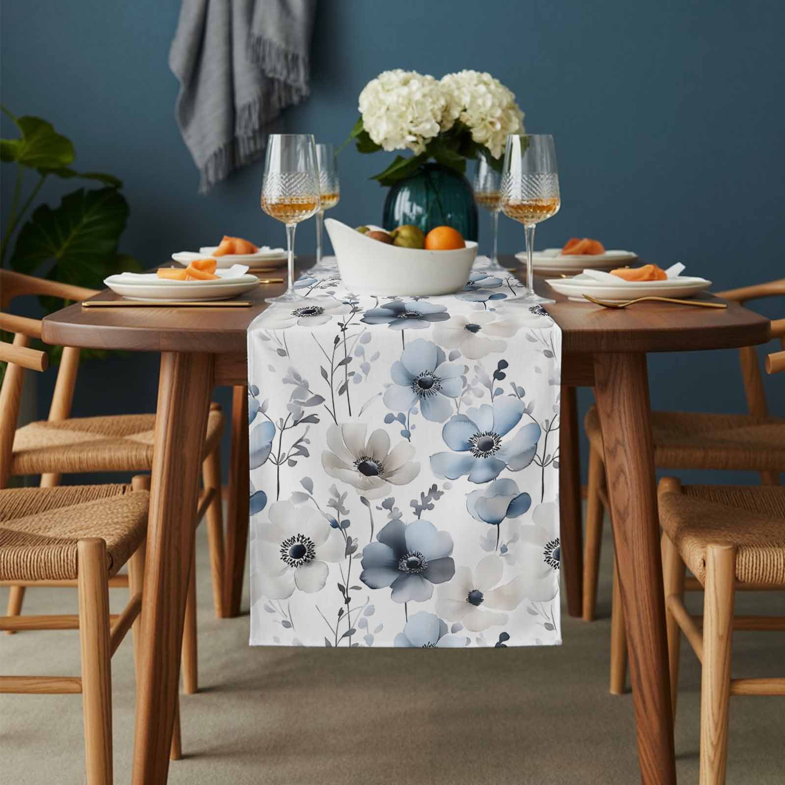 Spring Floral Cotton Linen Table Runner Watercolor Grey Blue Flower Grey Leaves Dining Table Runners for Home Decor Party Dining Room Restaurant Kitchen 13" x 108"