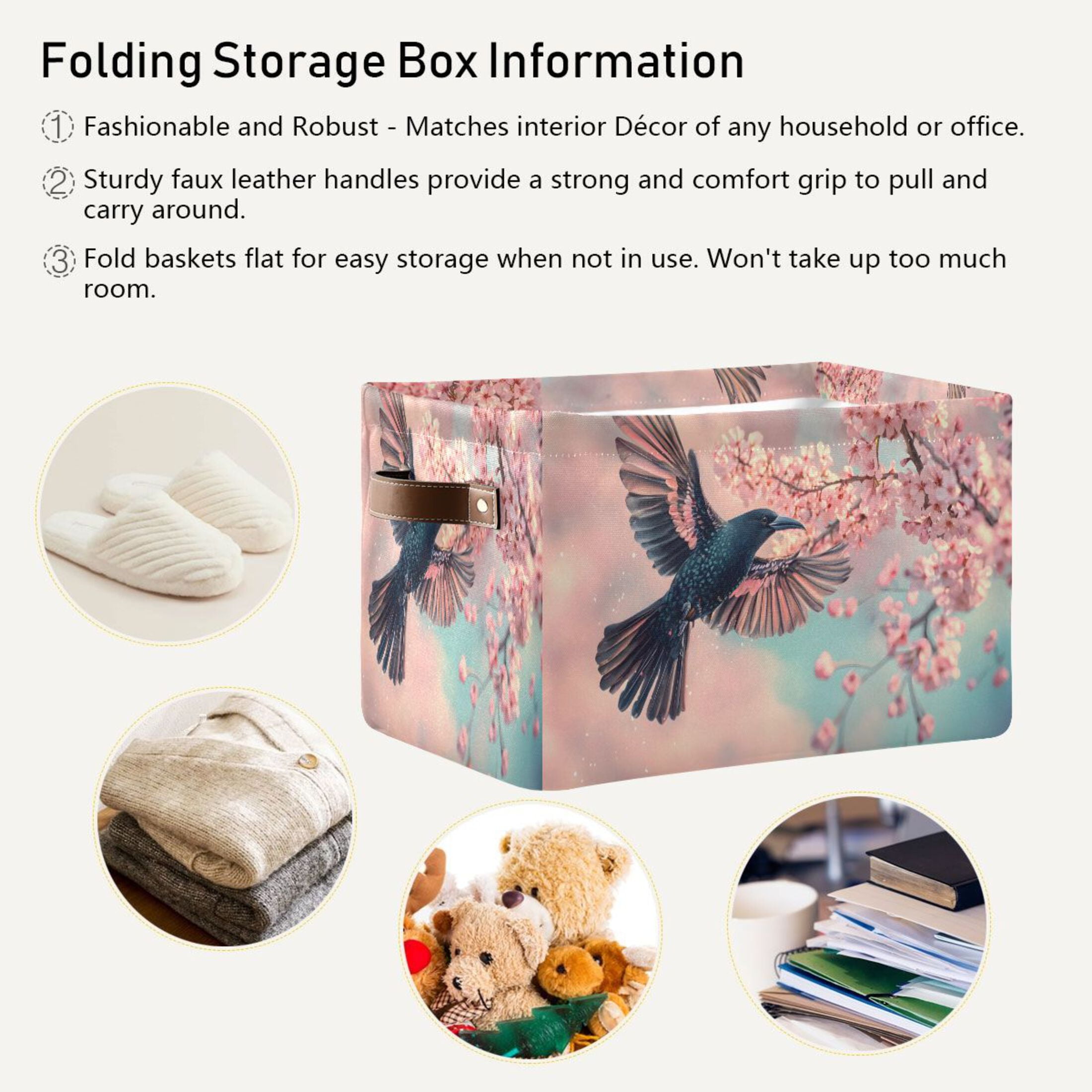 Ryvnso Bird Cherry Blossom Storage Basket Large Bin Foldable Boxes Toys Organizer 14.2x10.2x8.3in 2 PCs