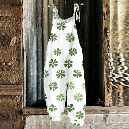 Women Workout Sets  Womens Jumpsuits  St Patricks Day Outfits for Women  Women Bodysuit  Women s Jumpsuit St. Patrick Print Casual Loose Vintage Cotton And Linen Overalls  Dark Green