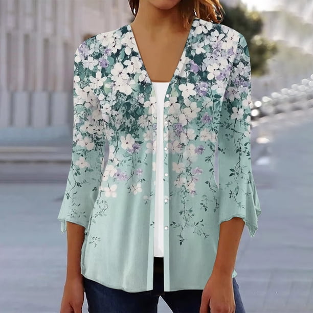 Xuyuer 3/4 Length Sleeve Womens Tops Round Neck Casual Summer Tunic Tops Basic Tees Blouses Cardigan Lightweight Button Down Casual Dressy T-Shirts Pleated Cute Shirts