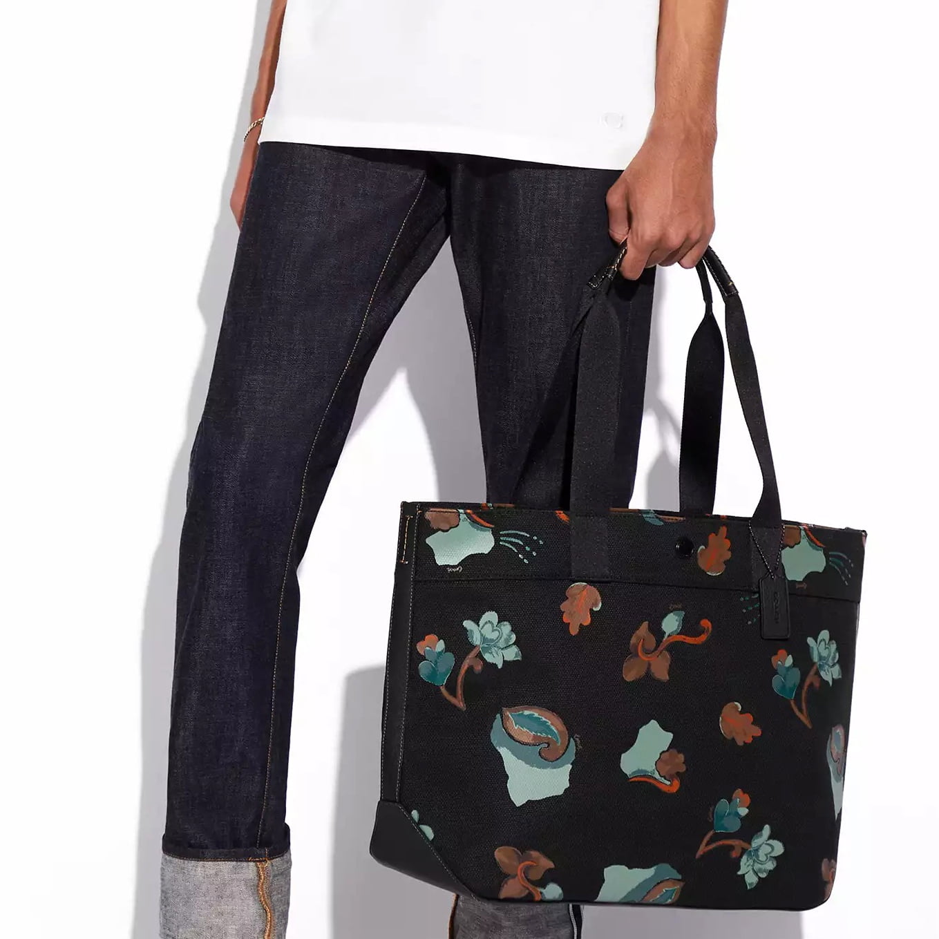 Coach Men's Large Snap Canvas Tote Handbag with Dreamy Leaves Print (Black Multi)