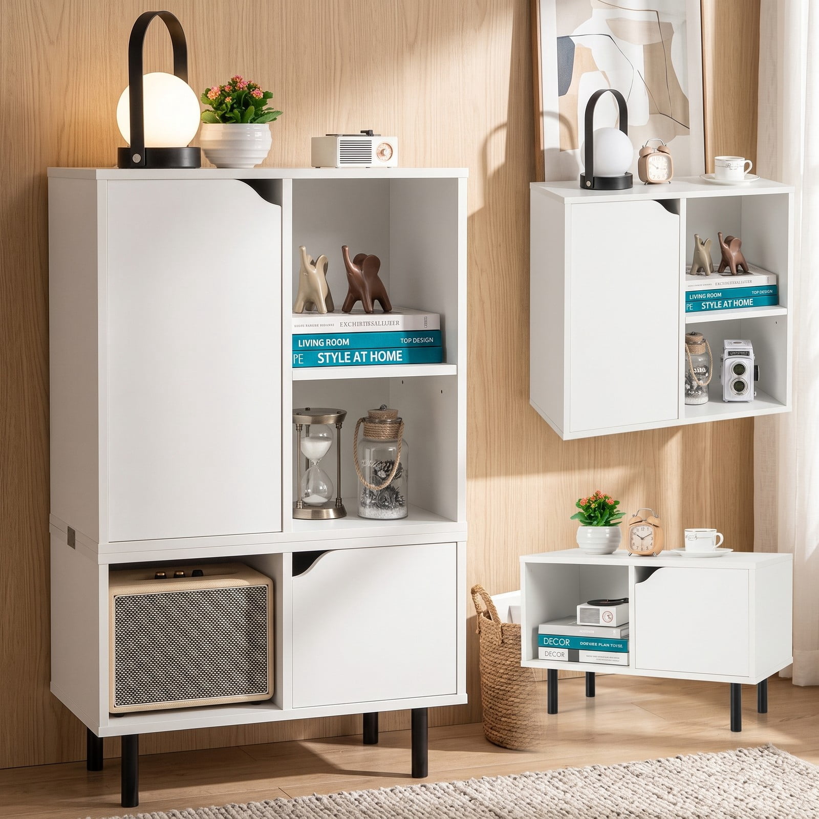 Furnibear Stackable Bookcase with Adjustable Shelf and Storage Cubes, Modern Wood Bookshelf with Enclosed Cabinet and Open Cube Display for Living Room Bedroom, White