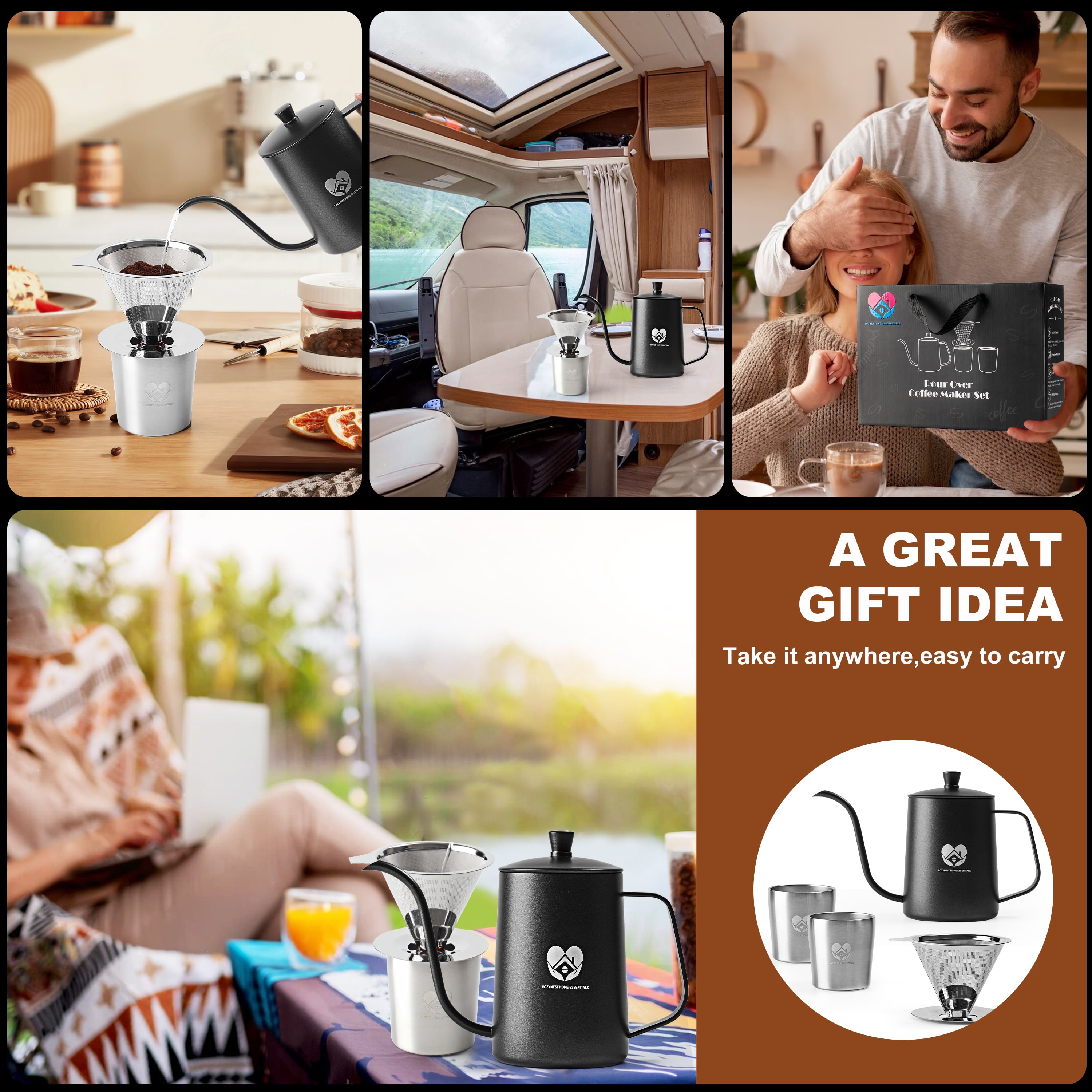 CozyNest Home Essentials- Stainless Steel Pour over Coffee Maker 4pcs Gift Set; Brand New.