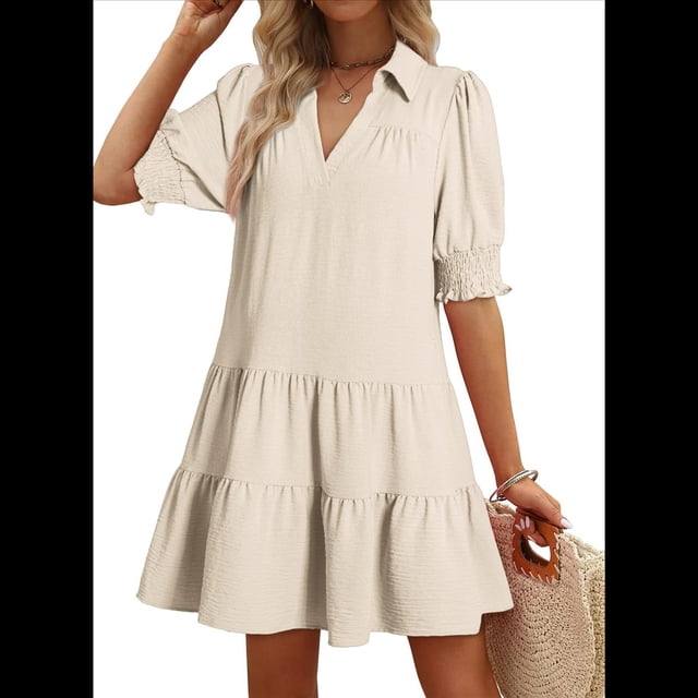 Vestido Plisado de Corta para Mujer, Color Crema, Talla L