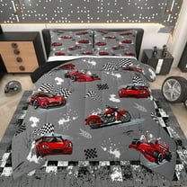 Manfei Cartoon Race Car Full Size Comforter Sets for Kids, Grey Buffalo Plaid Bedding Comforter Set, Modern Extreme Sports Reversible Bedding Sets, Luxury Bedroom Decor, 3-Piece