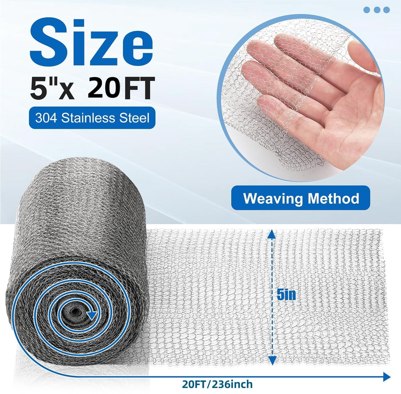 2 Pcs Stainless Steel Mesh Roll Wire, Mesh Hole Fill Fabric Mesh Gap Blocker, Flexible Woven Mesh for Garden House and DIY Project Accessories( 5" x 20 ft )