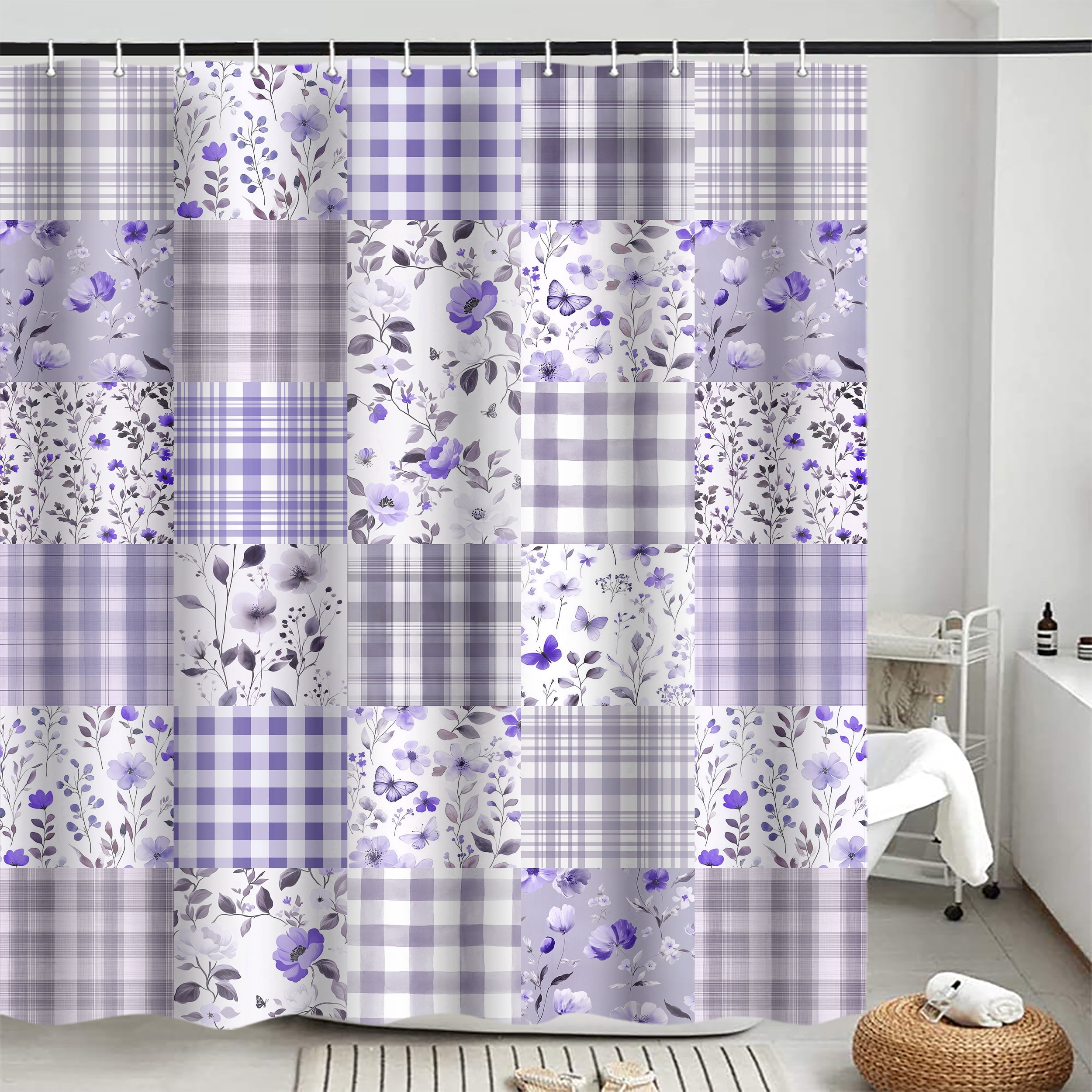 Cute Plaid Floral Shower Curtain, Boho Purple Flower Fabric Shower Curtains for Bathroom, Retro Purple Floral Checkered Patchwork Bath Curtain Set Washable Waterproof with 12Hooks,70X85in