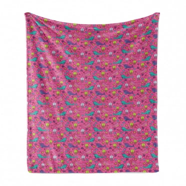 Cartoon Soft Flannel Fleece Throw Blanket, Colorful Childish Fun Pattern with Narwhal and Jellyfish Stars Hearts, Cozy Plush for Indoor and Outdoor Use, 50" x 70", Pink Multicolor, by Ambesonne
