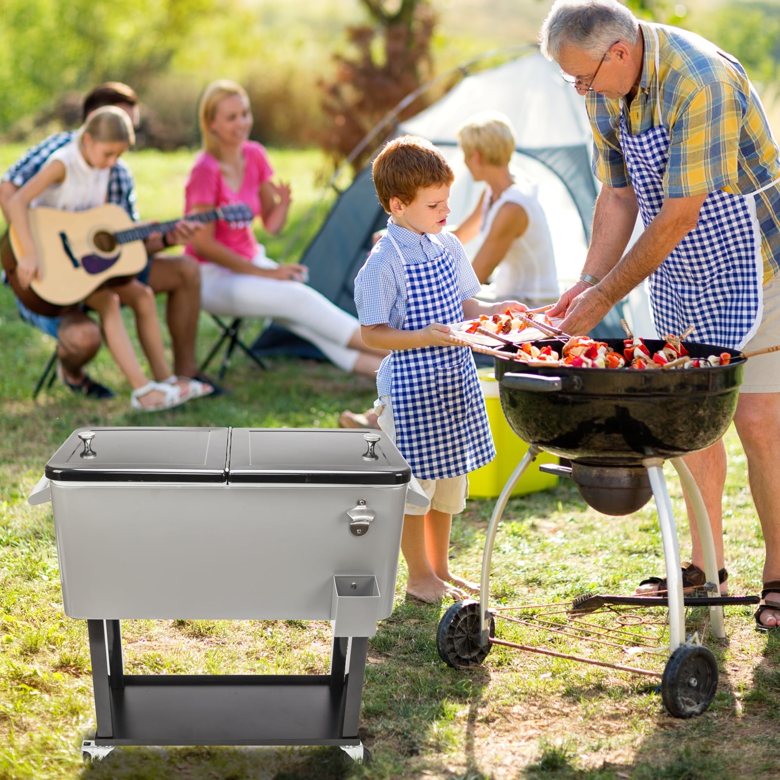 80 Quart Rolling Ice Chest, Portable Patio Party Bar Drink Cooler Cart, with Shelf, Beverage Pool with Bottle Opener
