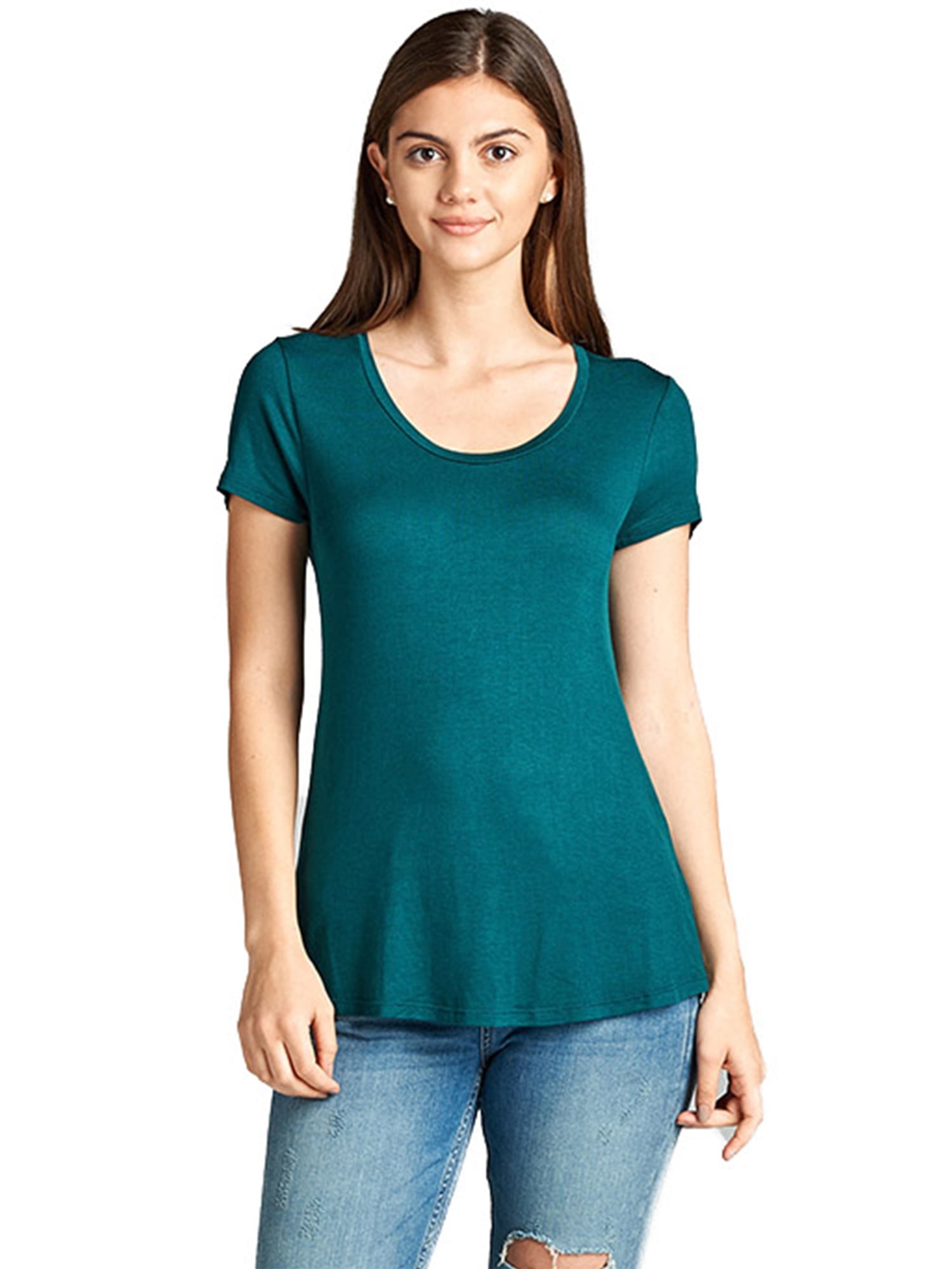 Essential Basic Women's Comfy Soft Flowy Tee Shirt Short Sleeves Scoop Neck, Green Teal, S