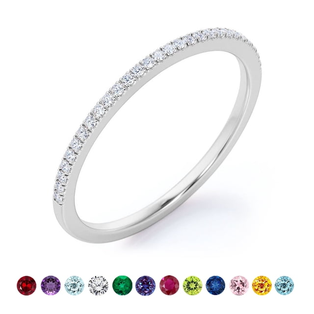 JeenMata Alianza de Boda Clásica con Detalles Pavé, Corte Redondo de 0,25 Quilates (Piedra Natal de Abril), Baño de Oro Blanco de 18 K sobre Plata