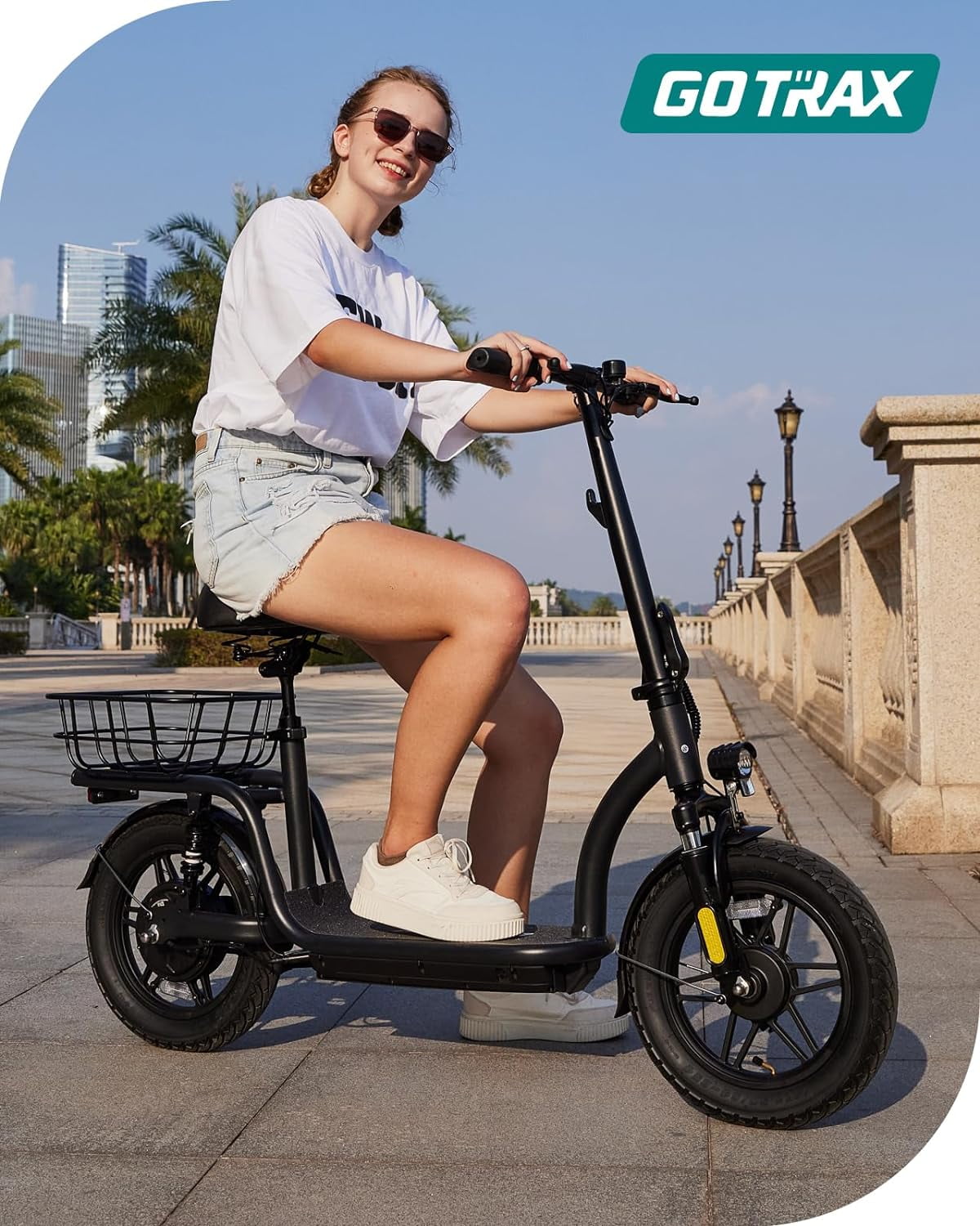 GOTRAX FLEX ULTRA Electric Scooter with Seat, 14" Tire 15.5Mph Power by Peak 500W Motor Comfortable EBike with Carry Basket for Adult