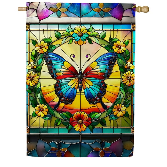 America Forever Stained Glass Butterfly House Flag, 28 x 40 inch Double Sided, Radiant Spring Summer Floral Flower Decorative Seasonal Outdoor Decor, Holiday Outside Decorations Yard Flag