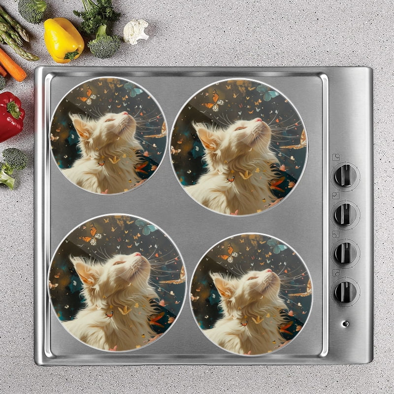 BaHomeck Electric Stove Burner Covers Set of 4,Round Metal Gas Stove Burner Covers 8 Inch and 10 Inch,Kitchen Decor,White Cat Surrounded By Butterflies Of Fantasy Art