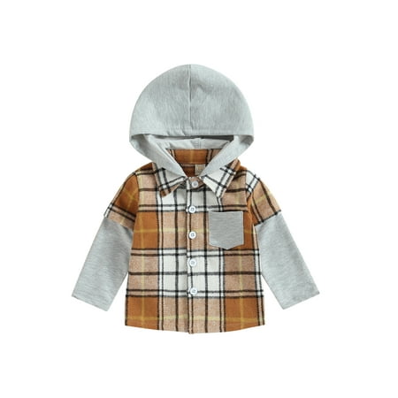 

Sunisery Baby Boys Shirts Plaid Patchwork Long Sleeve Hooded Turn-Down Collar Buttons Toddler Hoodies Fall Infant Tops