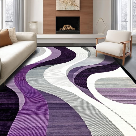 ODIKA 4' x 6' Machine Washable Non-Slip Area Rug, Contemporary Wave High Traffic Rug, Purple, 123738