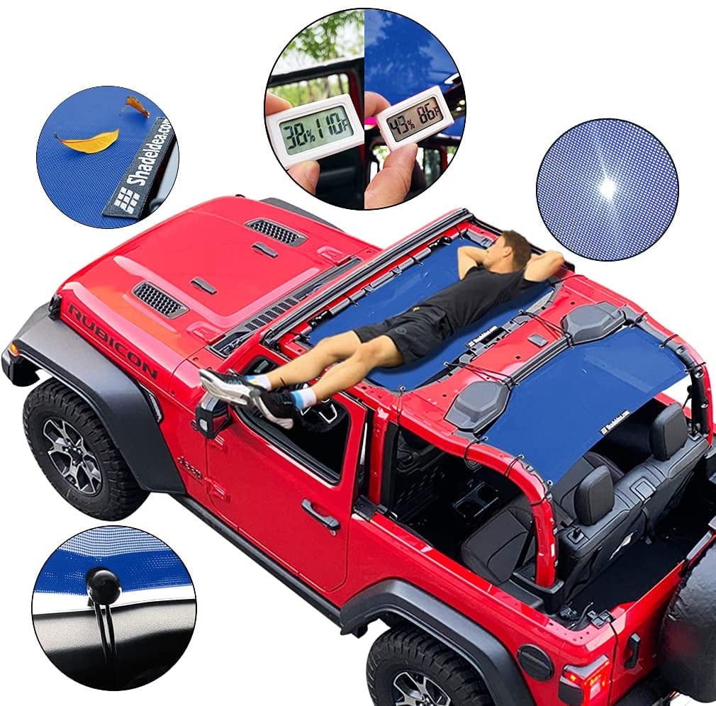 Shadeidea JL Sun Shade for Jeep Wrangler 2 Door Top Sunshade ( 2018 - Current ), Front & Rear - Blue Mesh Screen Wrangler Cover, UV Blocker with Grab Bag Pouch - 10 Years Warranty
