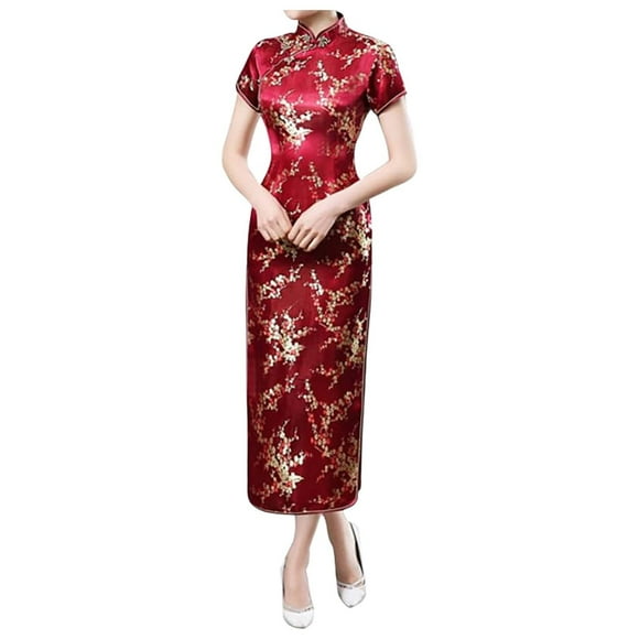 Vintage Chinese Cheongsam Dress Embroidered Short Sleeve Long Length Women'S Traditional Qipao Plus Size Dress Wine Xxxxxxl
