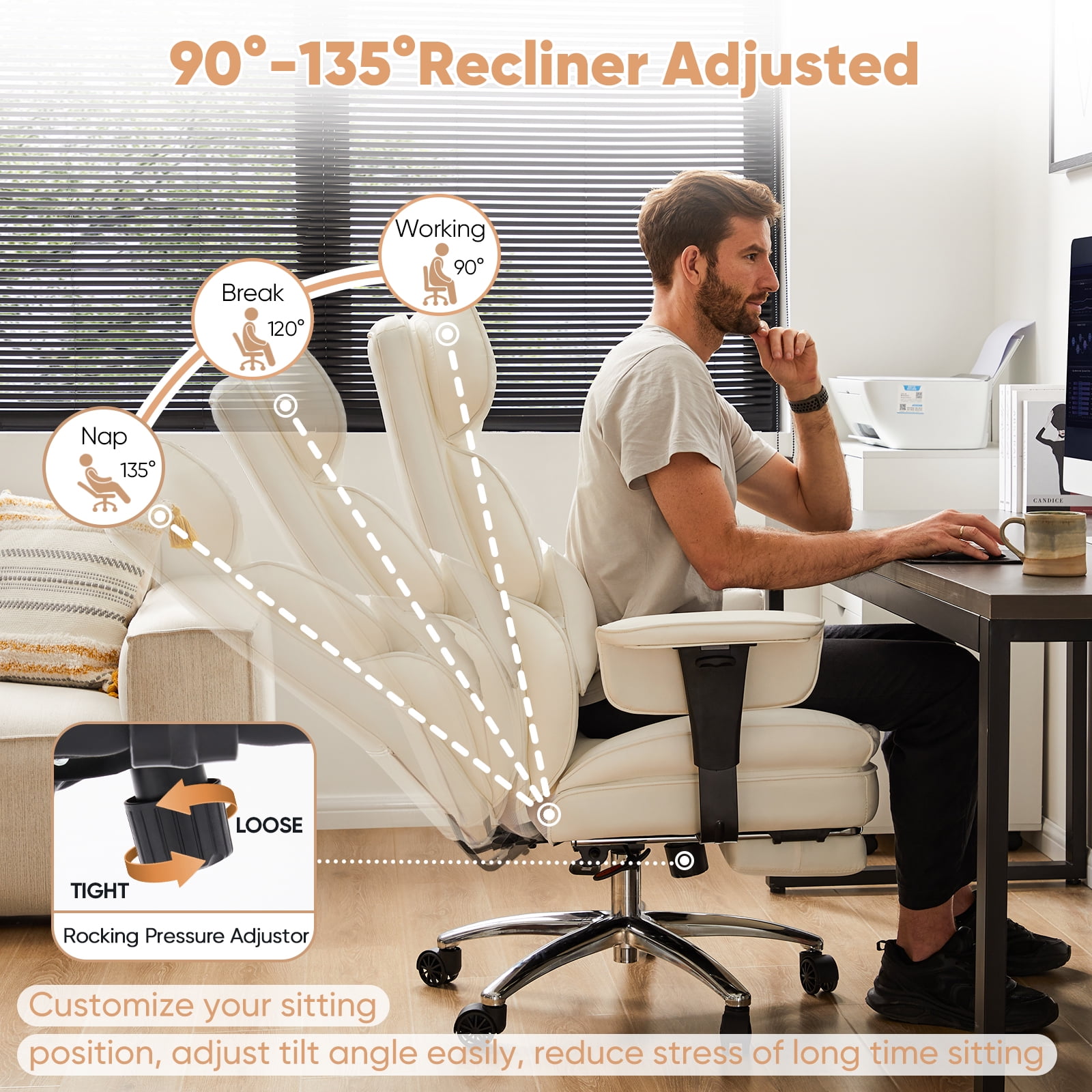 ZUNMOS Home Office High Back Reclining Desk Chair with Footrest, Big and Tall Adjustable Height PU Leather Executive Computer Task Chair with Leg Rest and Lumbar Support, Armrest, White