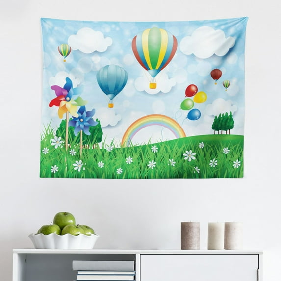 Pinwheel Tapestry, Surreal View with Hanging Cloud Sky Rainbow Idyllic Meadow Fantasy World Landscape, Fabric Wall Hanging Decor for Bedroom Living Room Dorm, 2 Sizes, Multicolor, by Ambesonne