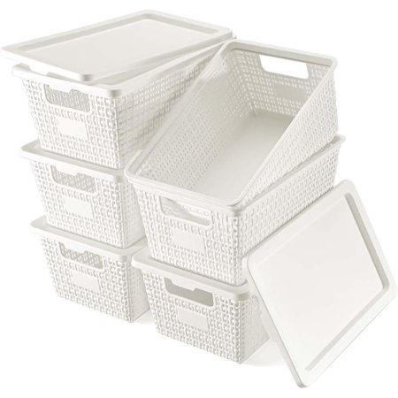 Plastic Storage Baskets with Lids - Stackable Storage Bins Small Container for Livingroom Pantry Closet Classroom Office Home Storage and Organization 6 Pack White