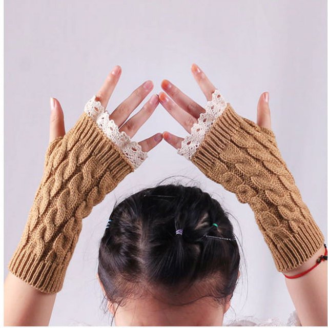 Guantes de lana con hermosos puños de encaje y mangas de encaje para mujer, guantes de punto cálidos de medio dedo para invierno