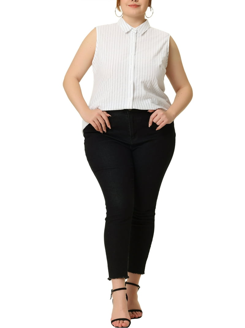 Unique Bargains Women's Plus Size Sleeveless Striped Button