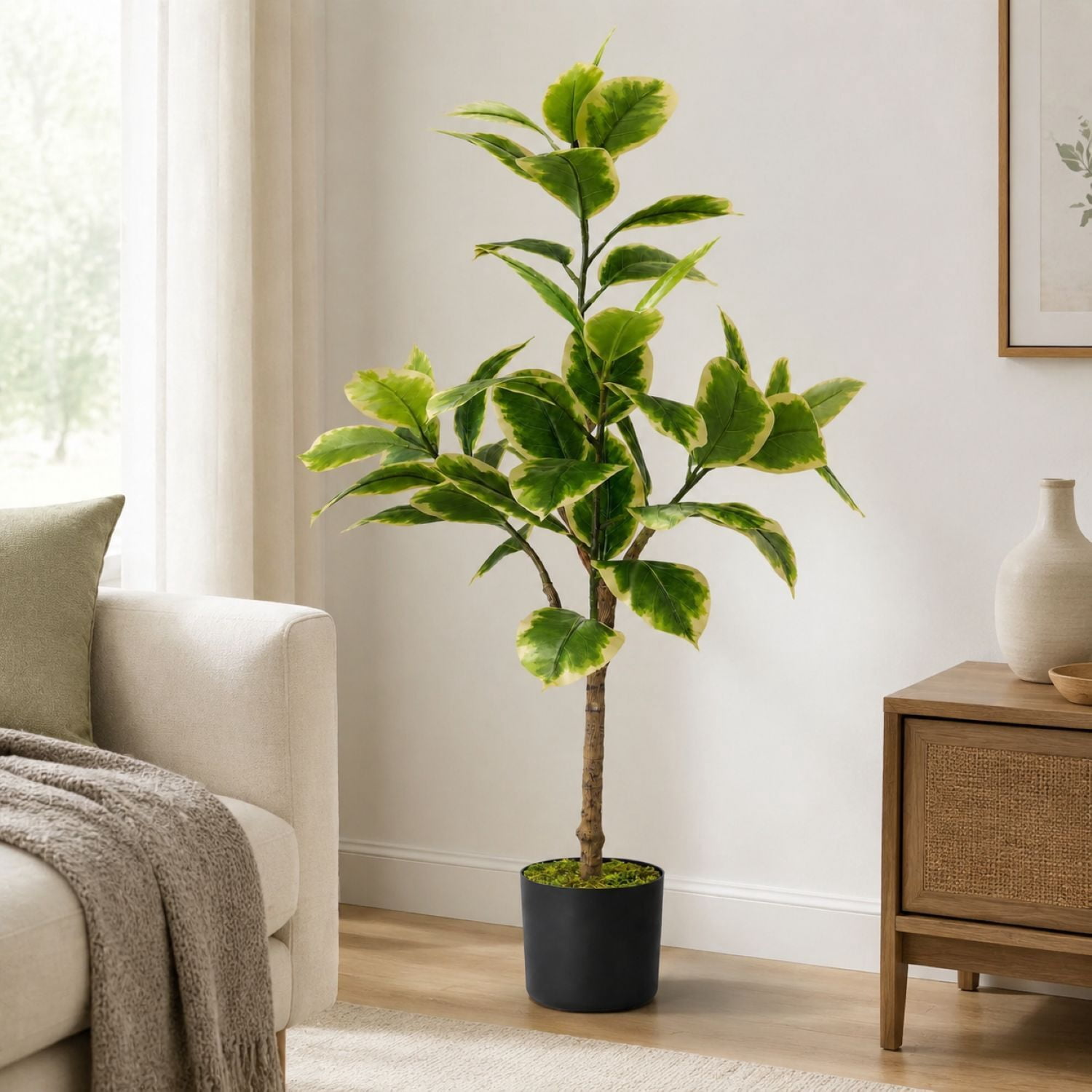 Easy4Home 4FT Artificial Variegated Rubber Plant Faux Ficus Elastica Tineke Tree Potted Indoor Floor Plant - Simple Assembly Needed