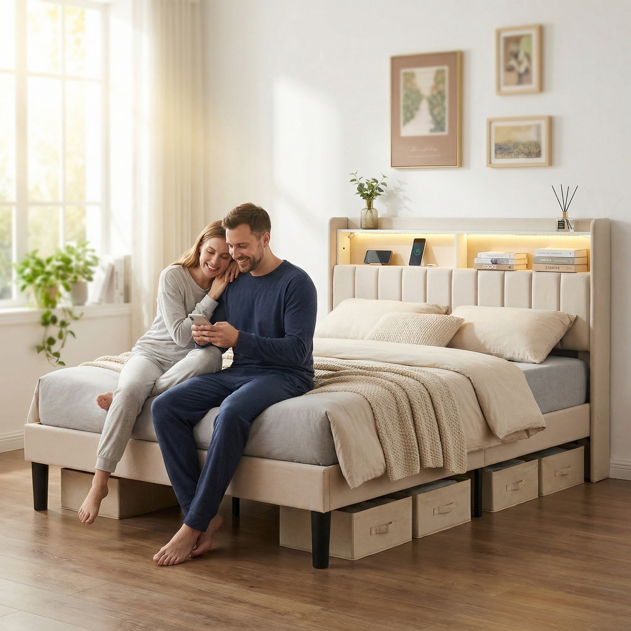 Lofka Queen Size Bed Frame with Lighted Storage Headboard Beige Finish