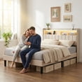 thumbnail image 3 of Lofka Queen Size Bed Frame with Lighted Storage Headboard Beige Finish, 3 of 16