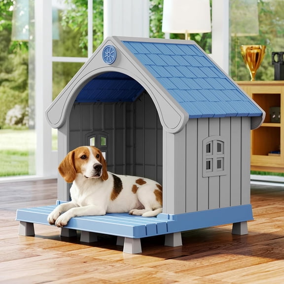 Large Dog House with Porch Outdoor Indoor Sturdy Plastic Waterproof Doghouse with Air Vents and Elevated Floor Easy Clean and Assemble for Medium Large Dogs (Blue1, 33" L×31.5" W×38" H)