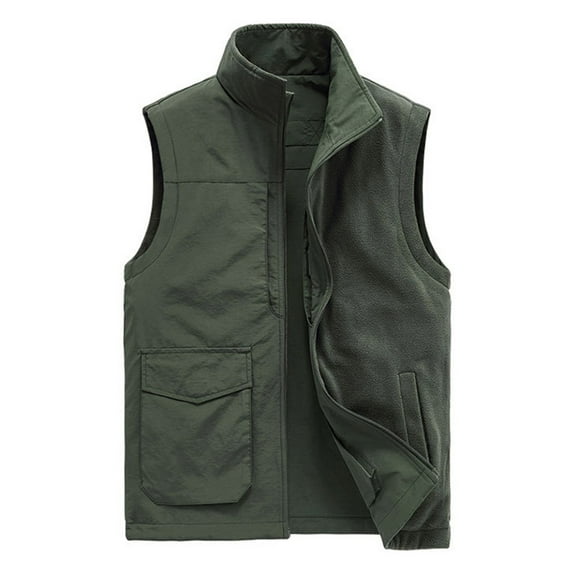 Wolfast Men's Fleece Fishing Vest Outdoor Work Quick-Dry Hunting Zip Reversible Travel Vest Jacket with Multi Pockets,Army Green XXXL