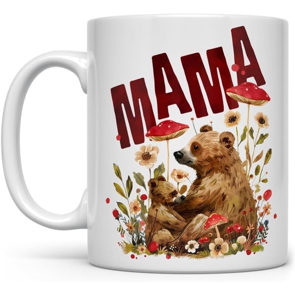 Mama Bear Ceramic Coffee Mug 1 Side, Nature Forest Mom Birthday Cup for Holiday or Everyday Use