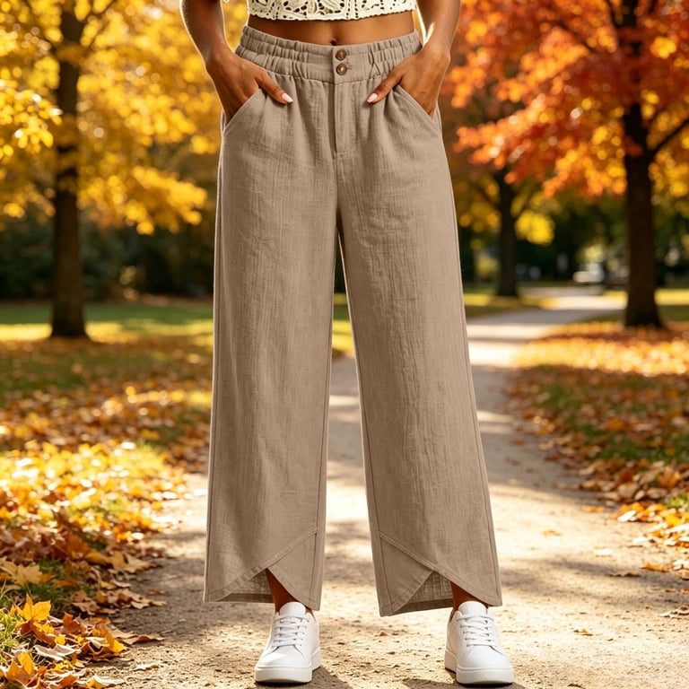 TEAJOPSUU Women's Cotton Blend Cropped Pants Loose Wide Leg Elastic ...