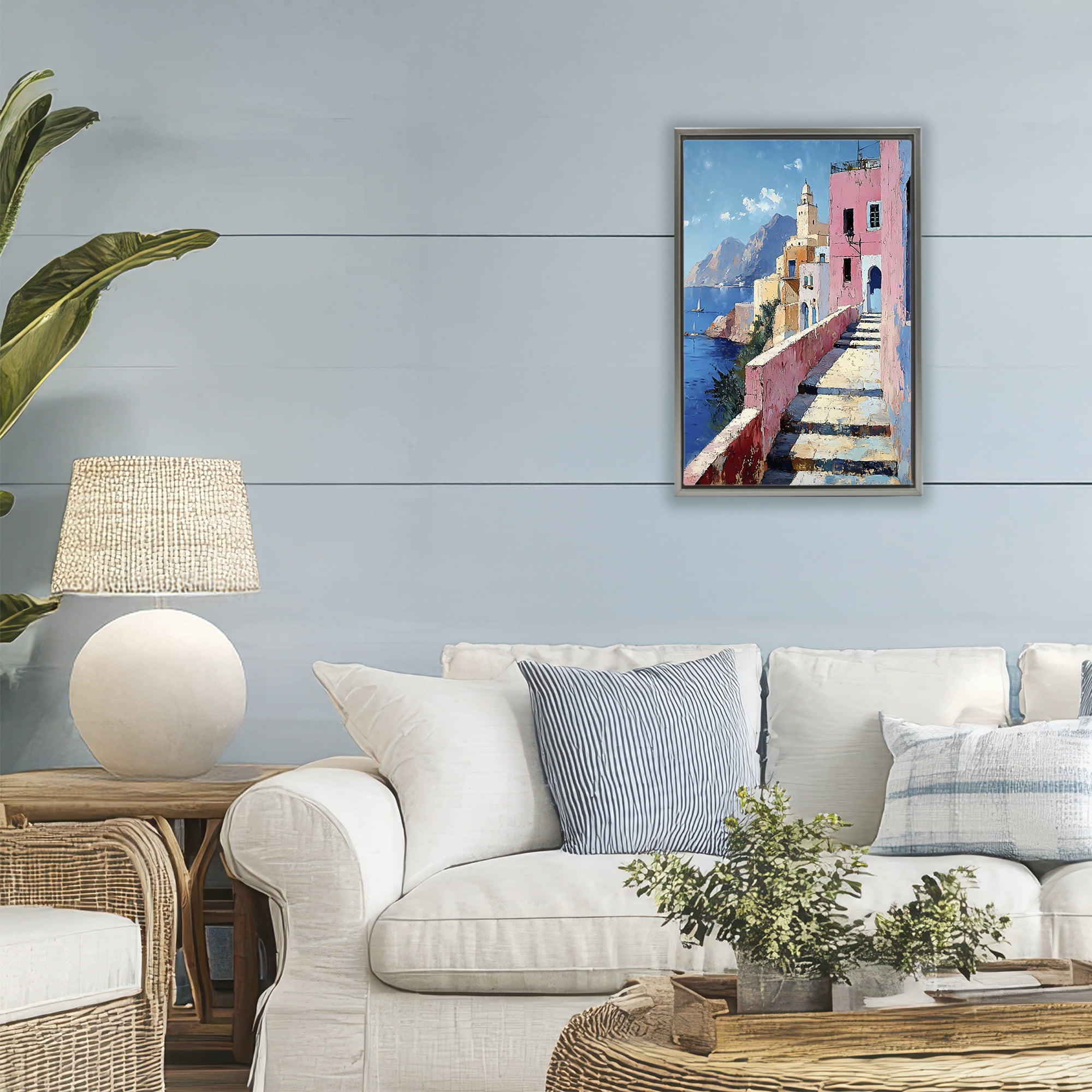 Stupell Industries Coastal Village's Sunlit Pathway Gray Framed Floater Canvas Wall Art, design by Creative Studio