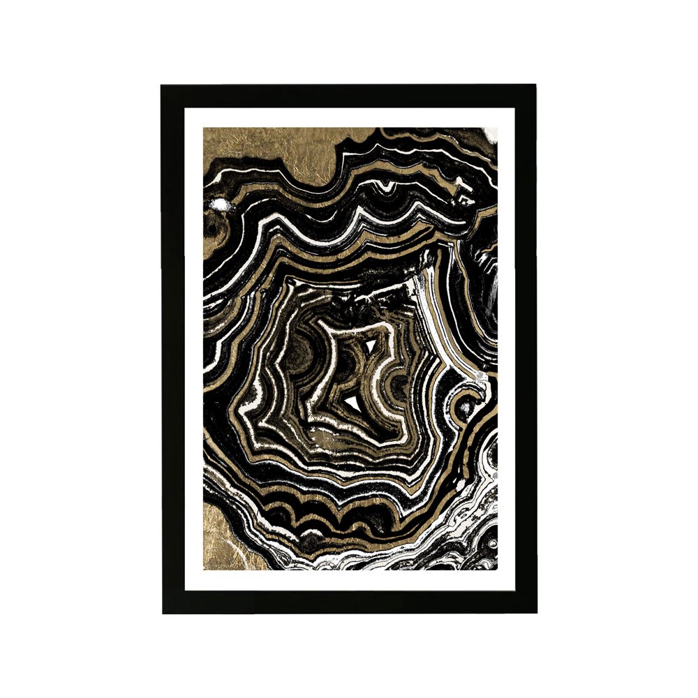 Wynwood Studio Abstract Framed Wall Art Prints 'Agate Black and Gold' Crystals Home Décor Gold