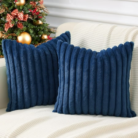 decorUhome Pack of 2 Faux Fur Plush Throw Pillow Covers 18x18, Soft Fluffy Striped Decorative Couch Pillow Covers , Navy Blue
