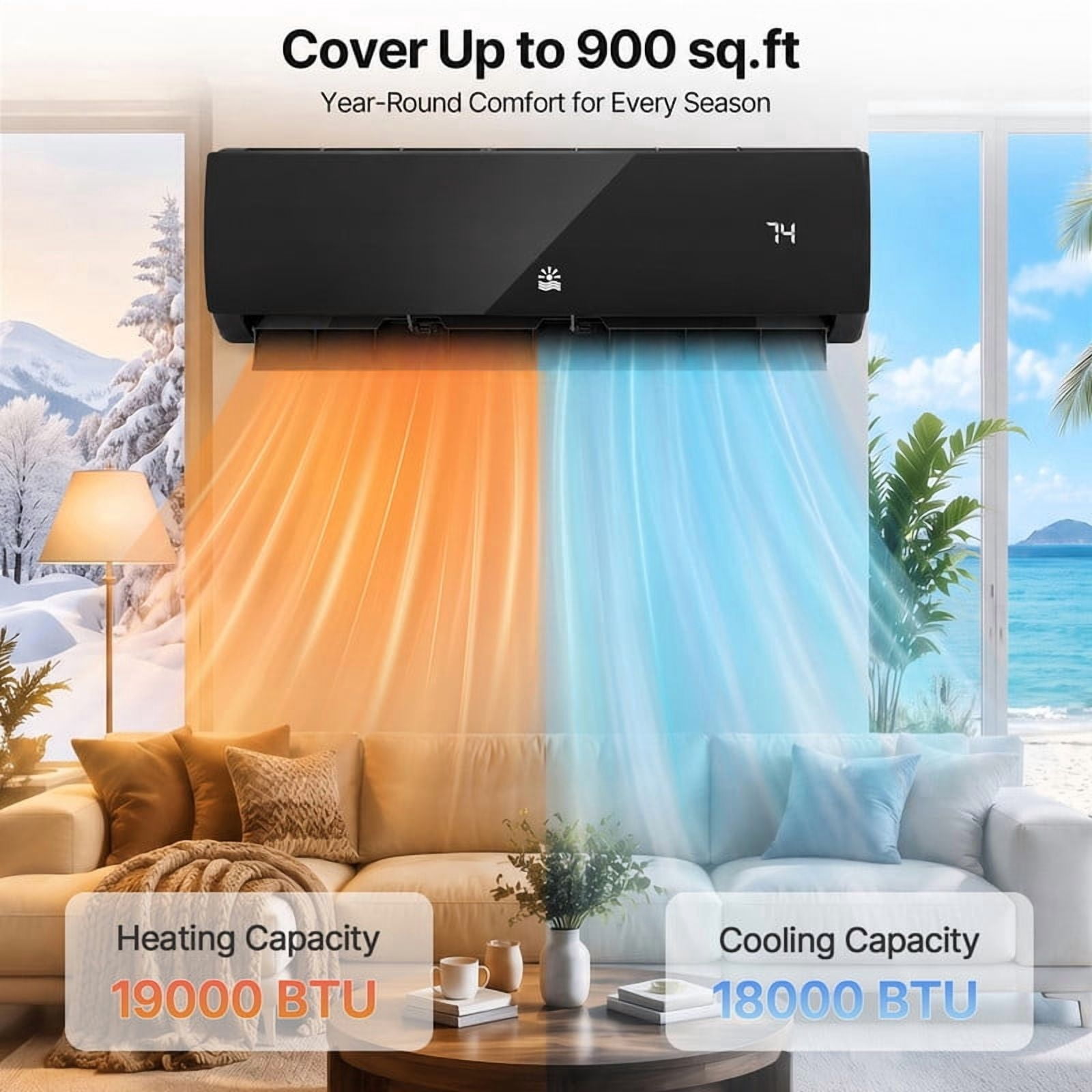 Etust 18000 BTU Ductless Mini Split AC / Heating System with Heat Pump, High-Efficiency 21 SEER2 208/230V Air Conditioner with Installation Kit & WiFi Control, Covers up to 900 Sq.Ft., Black