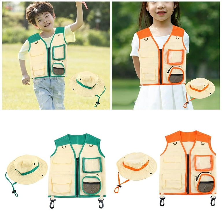 RONSHIN Children Outdoor Adventure Vest Hat Set Cosplay Role-playing Insect  Explorer Vest For Girls Boys 4-6 Years Old Camping Hiking
