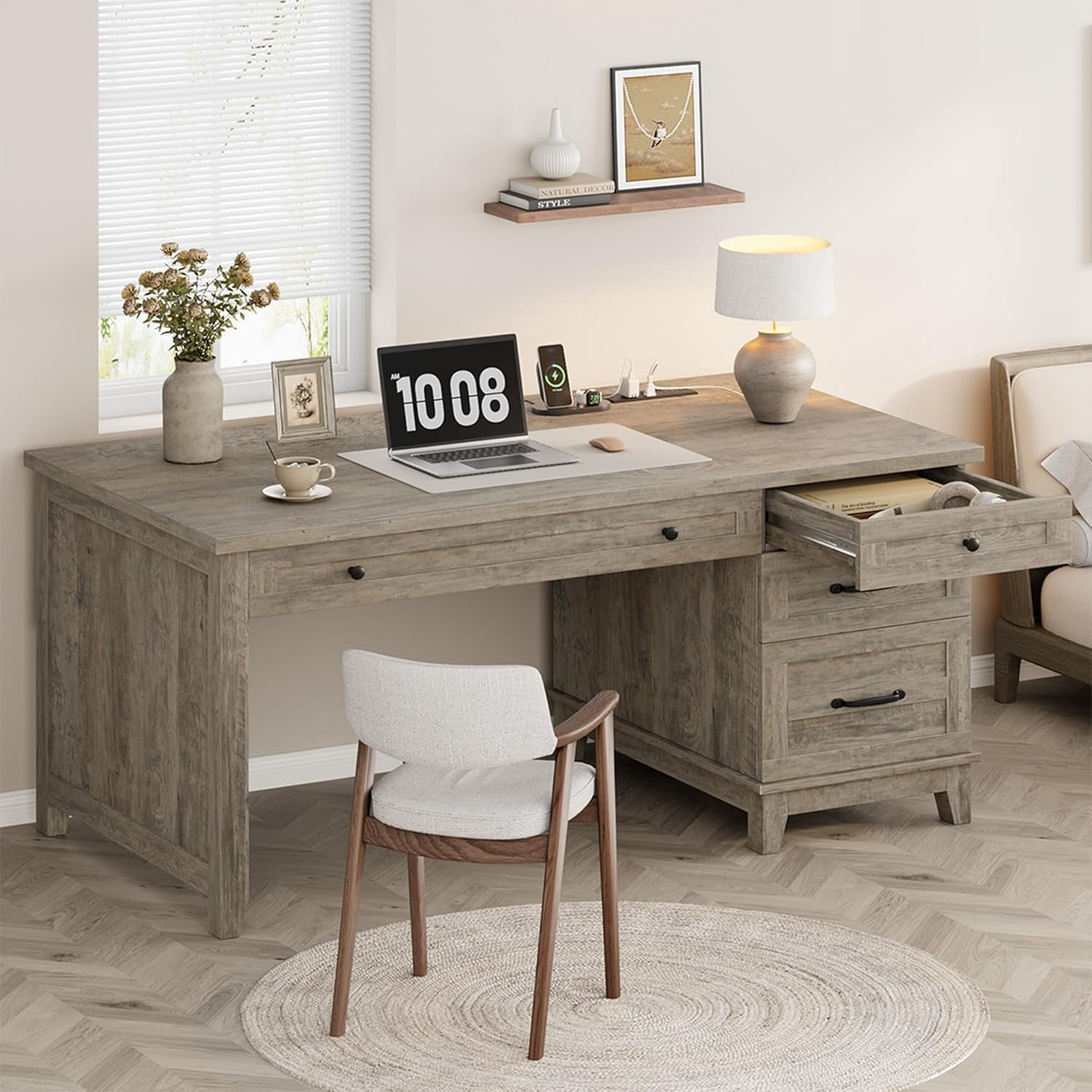 Garvee 53.5" Farmhouse Office Desk with Charging Station - Wooden Executive Computer Desk with File Drawer & USB Ports - Large Home Office Workspace-Gray
