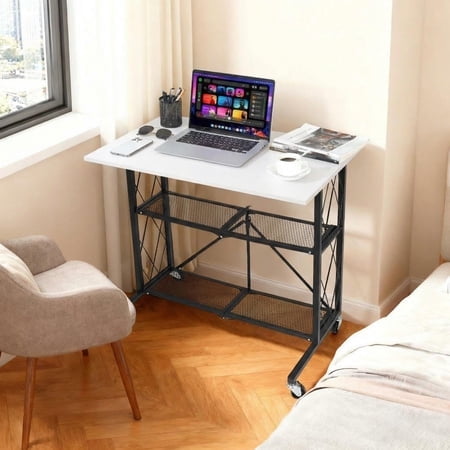 Kojooin 31.5 Inch 3-Tier Foldable Desk with Wheels, Mobile Workstation with Wood Top and Metal Shelf Rack, No Assembly