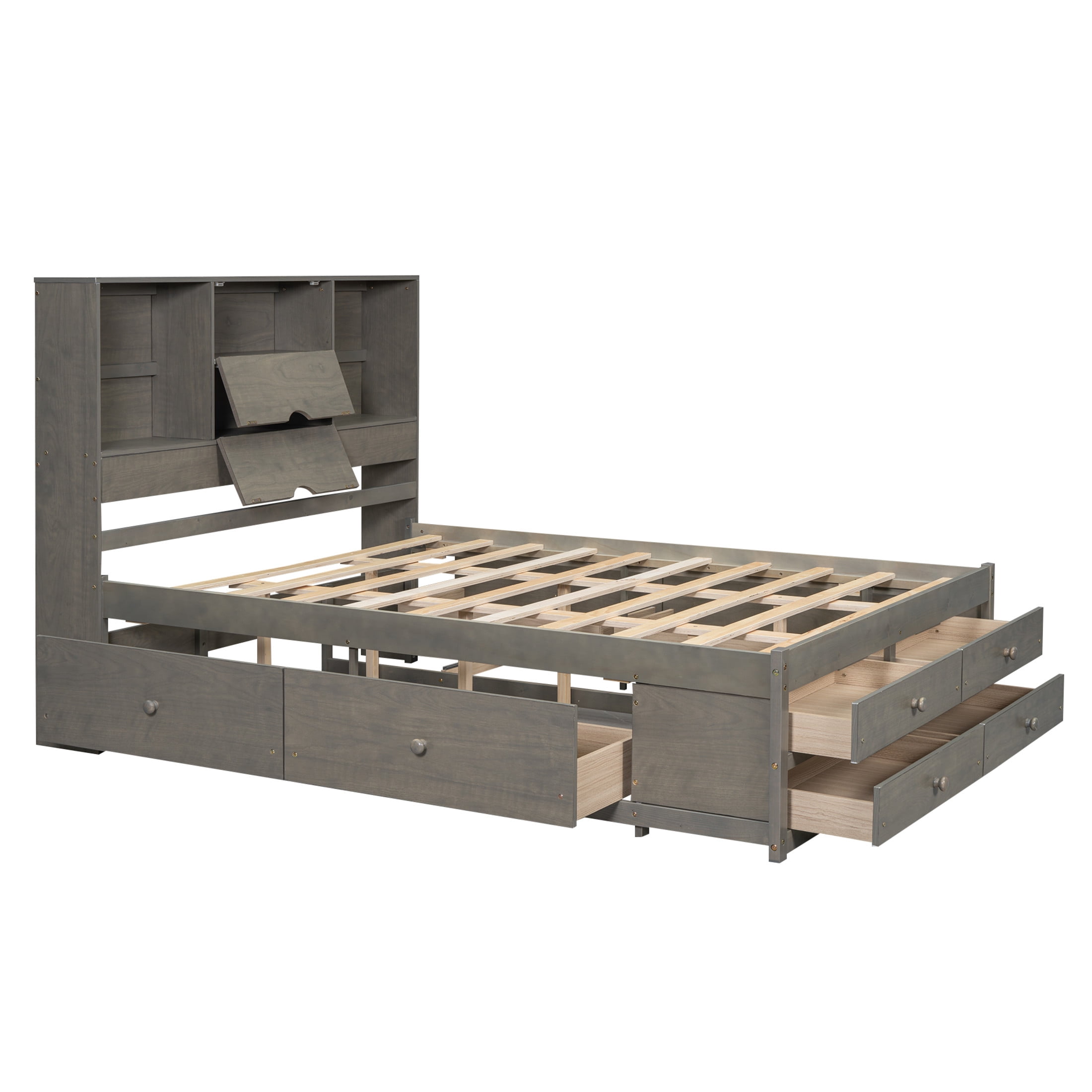 Noble House Solridge Queen Size Platform Bed with Bookcase Headboard and Storage Drawers, Solid Wood Frame, Gray