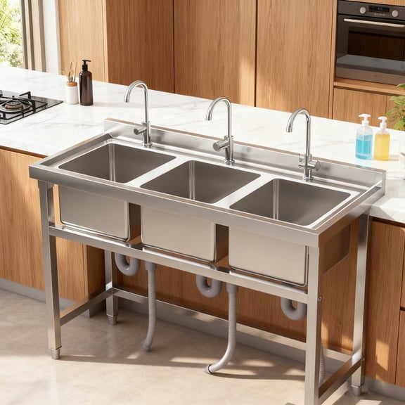 3-Bay Stainless Steel Sink Free Standing Utility Sink Kitchen Sink 3 Compartment Sink 304 Grade Laundry Tub Culinary Sink Floor Standing Modern 19.7in W 30LBS for Basement, Indoor Use