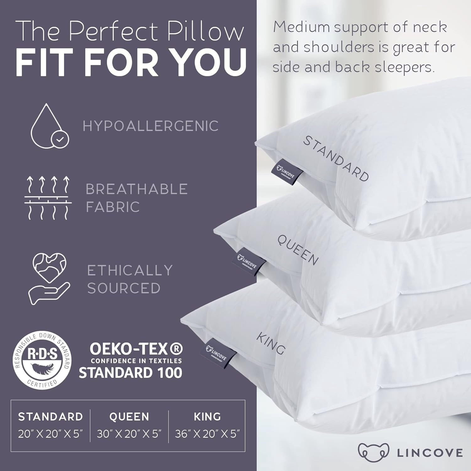 Lincove  Luxury Hotel Collection Bed Pillows for Sleeping with Premium 600 Count Cotton Shell Medium - Standard Size