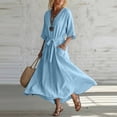 thumbnail image 5 of Smsaxvxz Women's Summer Dresses Fashion Solid V Neck 3/4 Sleeve Tie Knot Waist Maxi Dress with Pockets Casual Loose Beach Sundress Light Blue XL, 5 of 6